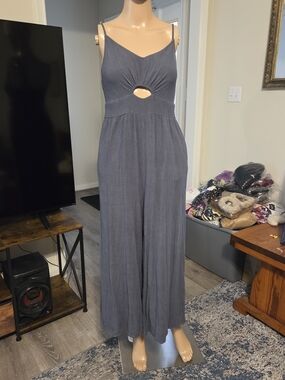 Spaghetti-Strap Wide-Leg Jumpsuit with Front Cutout in Slate Blue